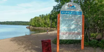 Sign of dog park beach rules and person in background with dog on leash.