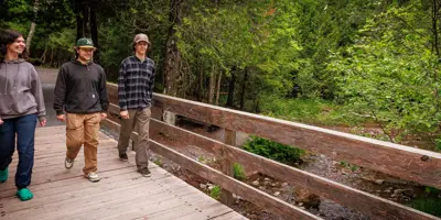 People walking across wooden bridge in forest.